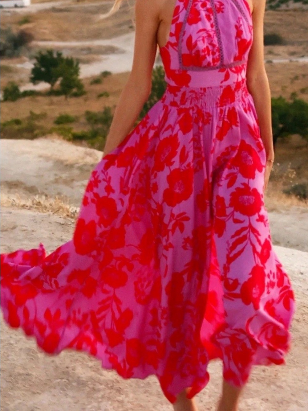 Anthropologie Pink and Red Floral Maxi Dress
